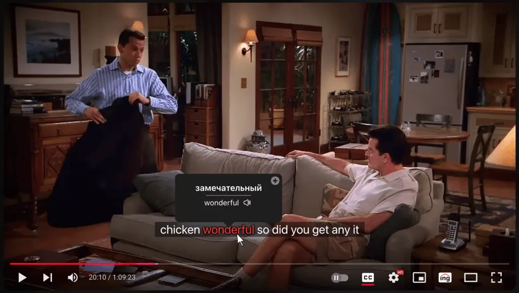 Dictionarying Chrome Extension showing YouTube subtitle translation